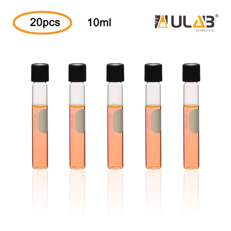 ULAB Test Tubes with Black Screw Caps, Vol.10ml, Dia.16x100mm with Marking Area, Borosilicate Glass Material, Pack of 20, UTT1012