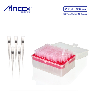 Disposable Pipette Tips with Filter, 960pcs of Vol. 200 µL, Molded Graduation, RNase Free, DNase Free, Nonpyrogenic, 96 Tips/Rack, 10 Racks/Box