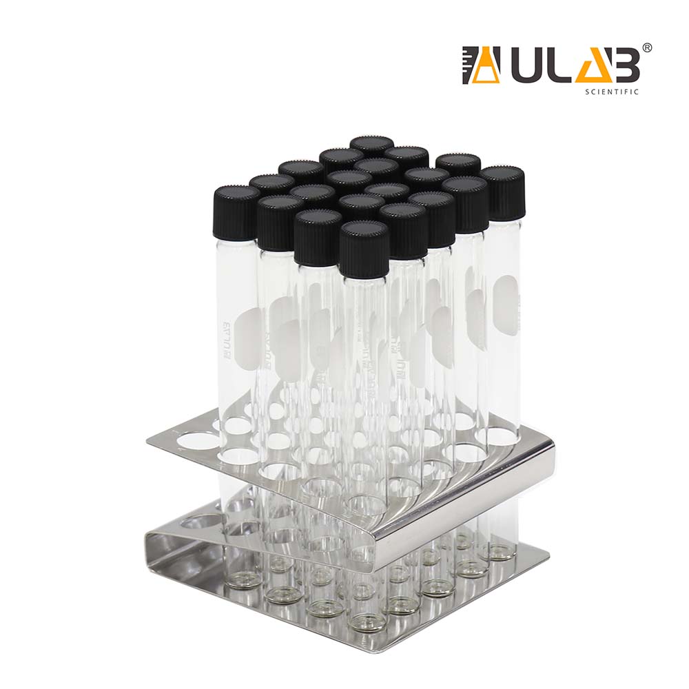 ULAB Test Tubes and Z shape Stainless Steel Tube Rack Set, 20pcs of Vol.15ml Tubes with Black Caps, Stainless Steel Tube Rack, Z shape, 25 Holes, UTR1013
