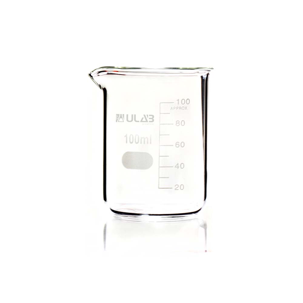ULAB Scientific Glass Beaker Set, Vol. 100ml, 3.3 Borosilicate Griffin Low Form with Printed Graduation, Pack of 6, UBG1014
