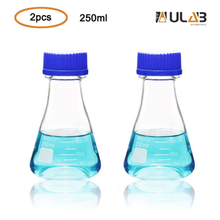 ULAB Scientific Erlenmeyer Flask with Blue Screw Cap, 8.5oz 250ml, 3.3 Borosilicate with Printed Graduation, Pack of 2, UEF1019