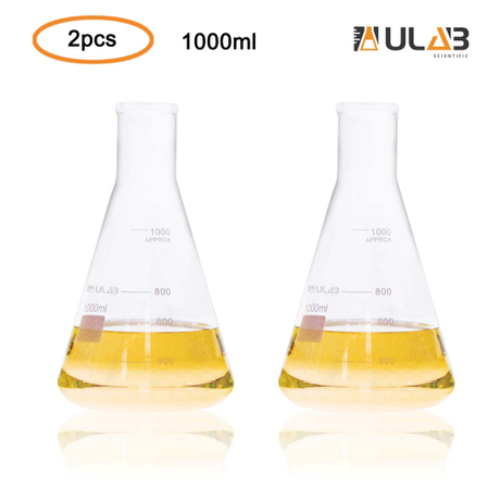 ULAB Scientific Narrow-Mouth Glass Erlenmeyer Flask Set, 34oz 1000ml, 3.3 Borosilicate with Printed Graduation, Pack of 2, UEF1027