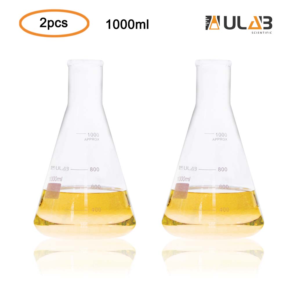 ULAB Scientific Narrow-Mouth Glass Erlenmeyer Flask Set, 34oz 1000ml, 3.3 Borosilicate with Printed Graduation, Pack of 2, UEF1027