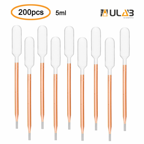 ULAB Scientific Transfer Pipette, Essential Oils Pipettes Vol. 5ml, 1ml Graduated, 0.25ml Graduation Interval, 145mm Long, Low-Density Polyethylene Material, Pack of 200, UTP1004