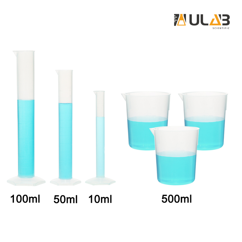 ULAB Scientific Stackable Graduated Plastic Beaker and Measuring Cylinder Set, Including 3pcs of 500ml beakers, 3pcs of Graduated Plastic cylinders 10ml 50ml 100ml, Molded Graduation, UBP1005
