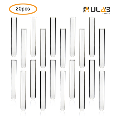 ULAB Scientific Cylindrical Glass Test Tube, vol.20ml, 20x150mm, Medium 3.3 Borosilicate Glass Material, Pack of 20, UTT1006