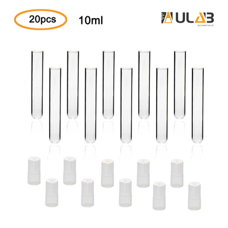 ULAB Scientific Glass Test Tubes with Autoclavable Caps, Vol.10ml, 16x100mm, Medium Borosilicate Glass Material, Pack of 20, UTT1009