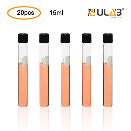 ULAB Test Tubes with Black Screw Caps, Vol.15ml, Dia.16x150mm with Marking Area, Borosilicate Glass Material, Pack of 20, UTT1013