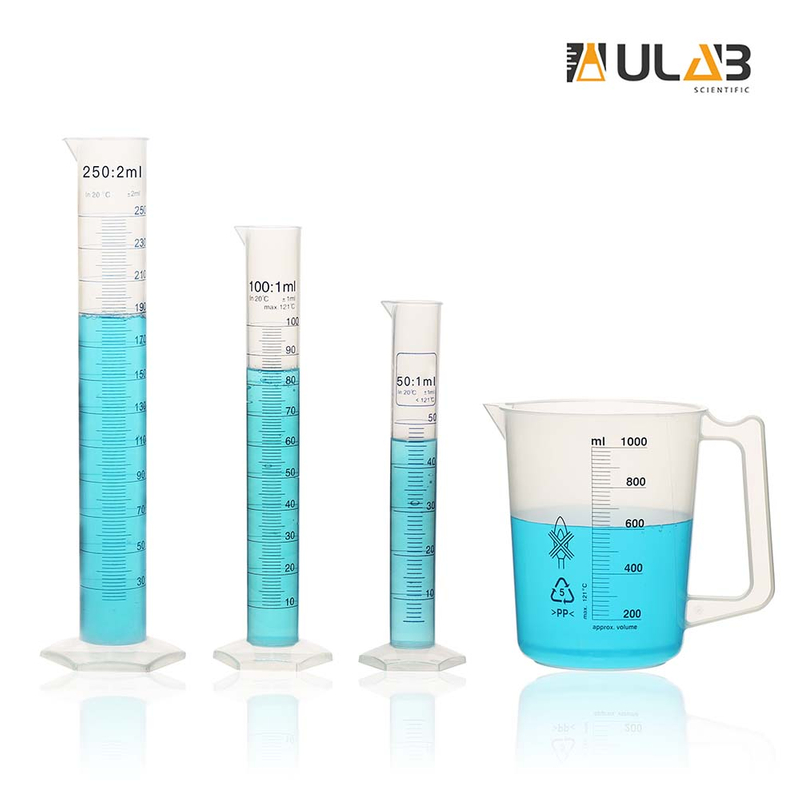 ULAB Handled Plastic Beaker and Measuring Cylinder Set, 1pc of 1000ml Handled beakers, 3 Size Graduated Plastic cylinders 50ml 100ml 250ml, Molded Graduation, UBP1008