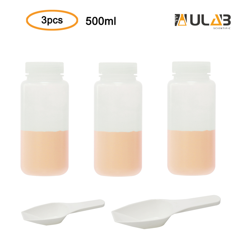 ULAB Scientific Wide-Mouth Plastic Round Bottles and Measuring Scoops Set, 3pcs of Bottles, Natural Color, Cap.500ml, 2pcs of Measuring Scoops Offered, Plastic Material, White Color, URB1010