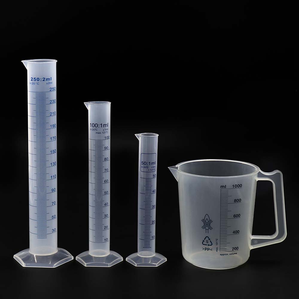 ULAB Handled Plastic Beaker and Measuring Cylinder Set, 1pc of 1000ml Handled beakers, 3 Size Graduated Plastic cylinders 50ml 100ml 250ml, Molded Graduation, UBP1008