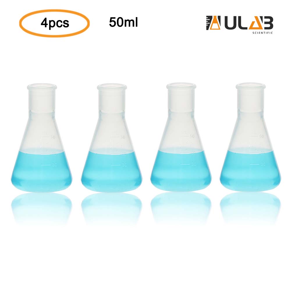 ULAB Scientific Conical Polypropylene Erlenmeyer Flask 1.7oz 50ml Narrow Neck Without Cap, Molded Graduations, Pack of 4, UEF1012