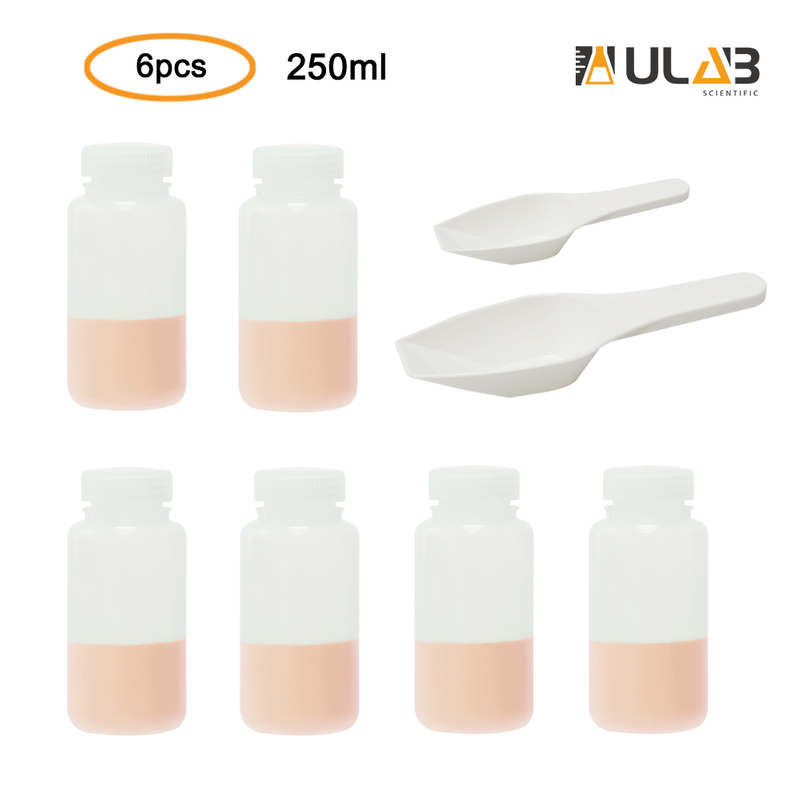 ULAB Scientific Wide-Mouth Plastic Round Bottles and Measuring scoops set, 6pcs of Bottles, Natural color, Cap.250ml, 2pcs of Measuring scoops Offered, Plastic material, White color, URB1009