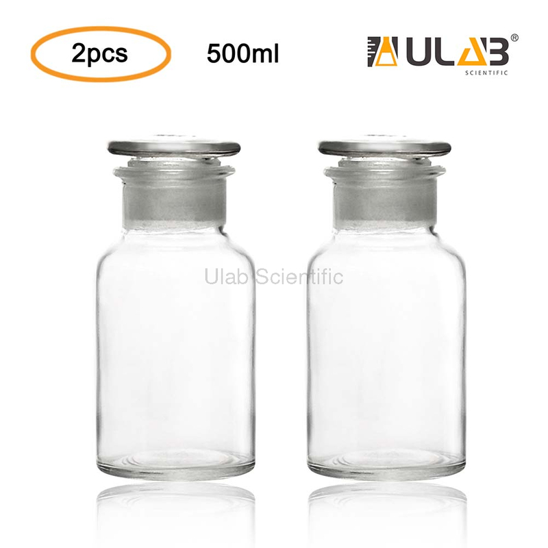 ULAB Clear Glass Wide Mouth Reagent Bottles, Vol. 500ml, with Ground-in Glass Frosted Stopper, Pack of 2, URB1022