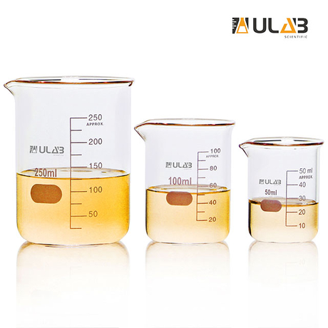 ULAB Scientific Glass Beaker Set, 3 Sizes 50ml 100ml 250ml, 3.3 Boro Griffin Low Form with Printed Graduation, UBG1001