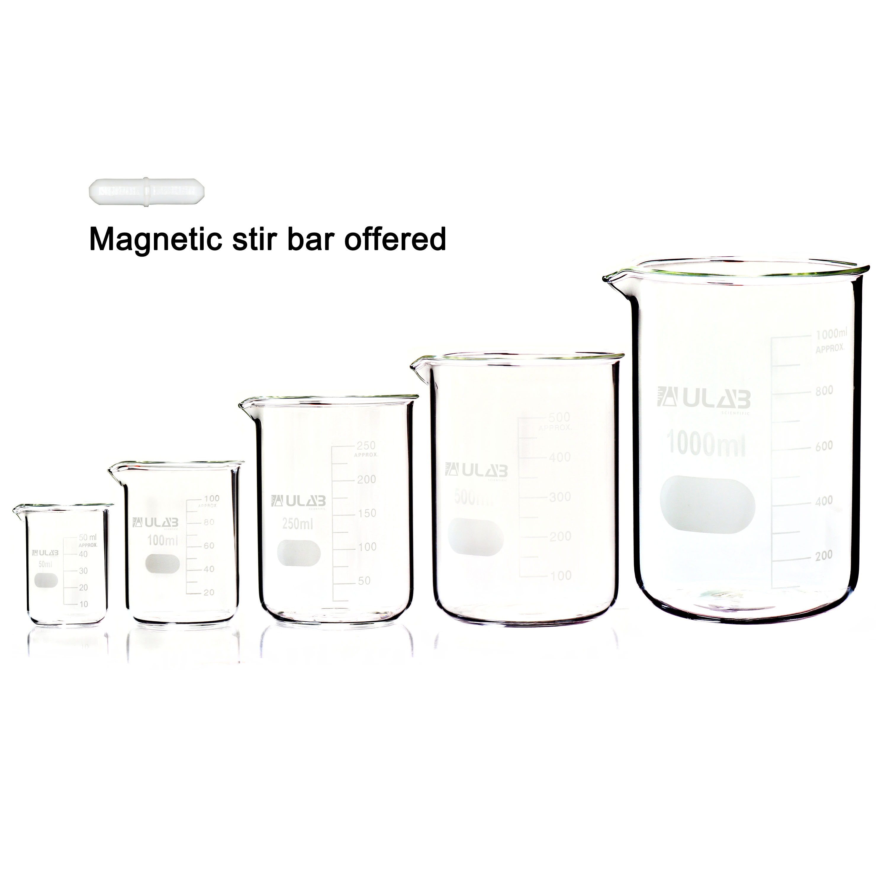 ULAB Scientific Glass Beaker Set with Magnetic Stir Bar Offered, 5 Sizes 50ml 100ml 250ml 500ml 1000ml, 3.3 Boro Griffin Low Form with Printed Graduation, UBG1002