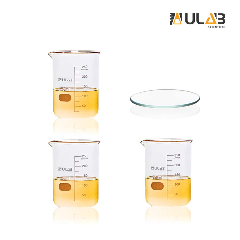 ULAB Scientific Glass Beaker 8.5 oz with Watch Glass Offered, Vol. 250ml, 3.3 Borosilicate Griffin Low Form with Printed Graduation, Pack of 3, UBG1007