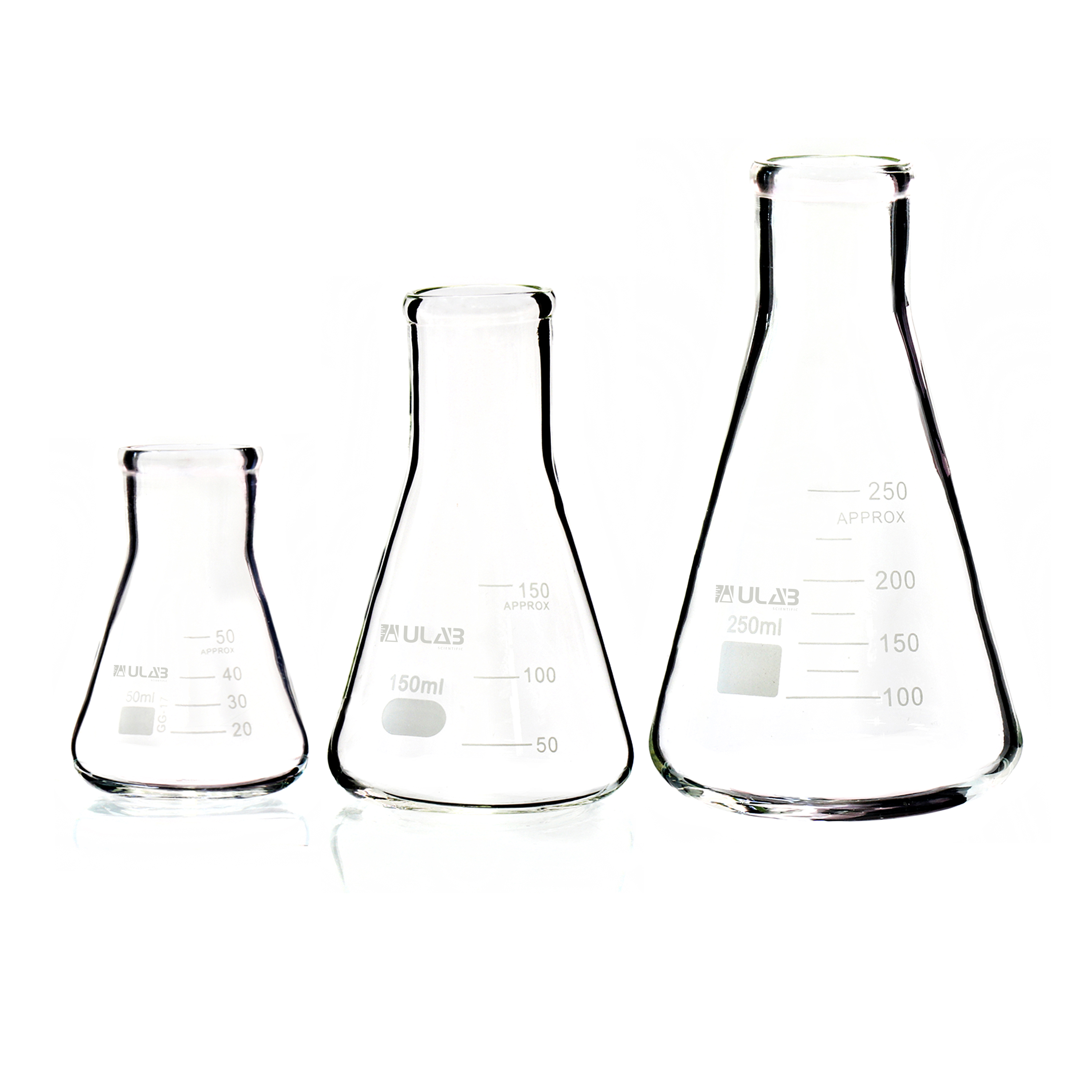 ULAB Scientific Narrow-Mouth Glass Erlenmeyer Flask Set, 3 Sizes 50ml 150ml  250ml, 3.3 Boro with Printed Graduation, UEF1001 - Buy UEF1001 Product on  Ulab Supply
