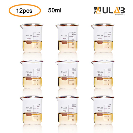 ULAB Scientific Glass Beakers Shot Glass, Vol. 50ml, 3.3 Borosilicate Griffin Low Form with Printed Graduation, Pack of 12, UBG1013