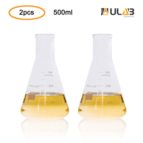 ULAB Scientific Narrow-Mouth Glass Erlenmeyer Flask Set, 17oz 500ml, 3.3 Borosilicate with Printed Graduation, Pack of 2, UEF1025