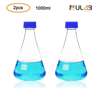 ULAB Scientific Erlenmeyer Flasks with Blue Screw Cap, 34oz 1000ml, 3.3 Borosilicate with Printed Graduation, Pack of 2, UEF1021