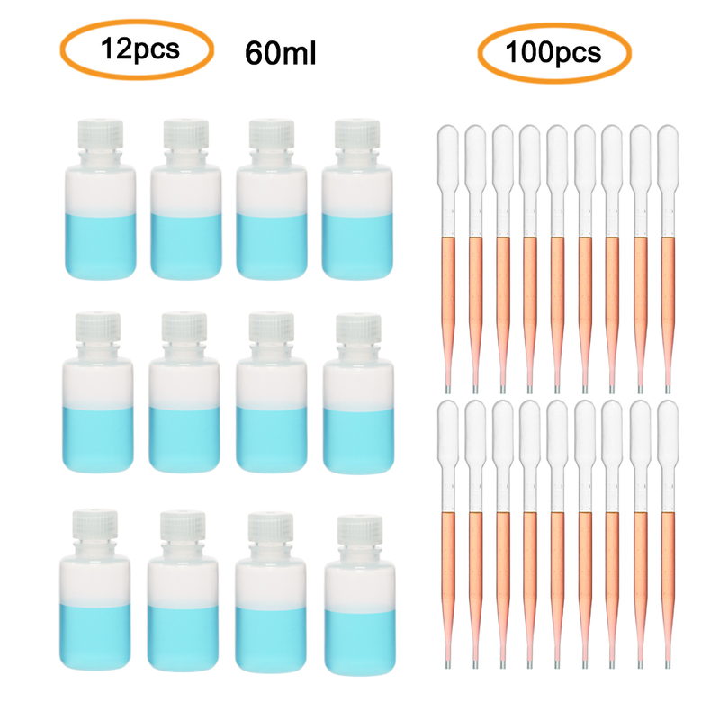 ULAB Scientific Narrow-Mouth Plastic Round Bottles and Pipette Set, 12pcs of Bottles, Natural Color, Cap.60ml, 100pcs of Pasteur Pipette Offered, LDPE Material, Cap.7ml/155mm Long, URB1003