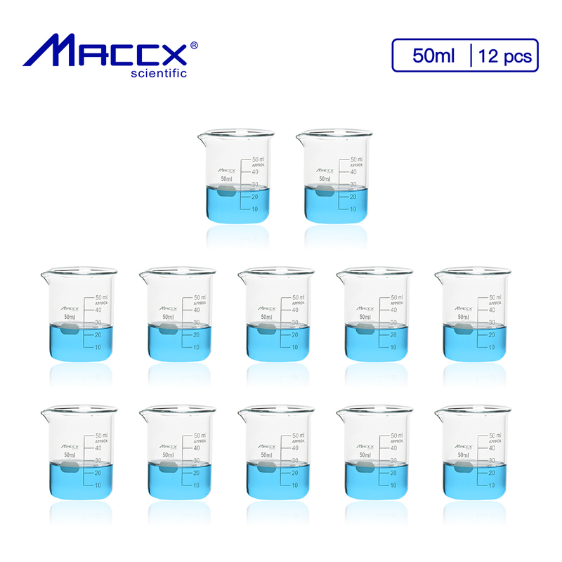 Maccx 1.7oz(50ml) Sturdy Glass Beaker, 3.3 Borosilicate Griffin Low Form with Printed Graduation, Pack of 12, BKL050-012