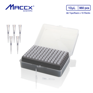 Disposable Pipette Tips with Filter, 960pcs of Vol. 10 µL, Molded Graduation, RNase Free, DNase Free, Nonpyrogenic, 96 Tips/Rack, 10 Racks/Box