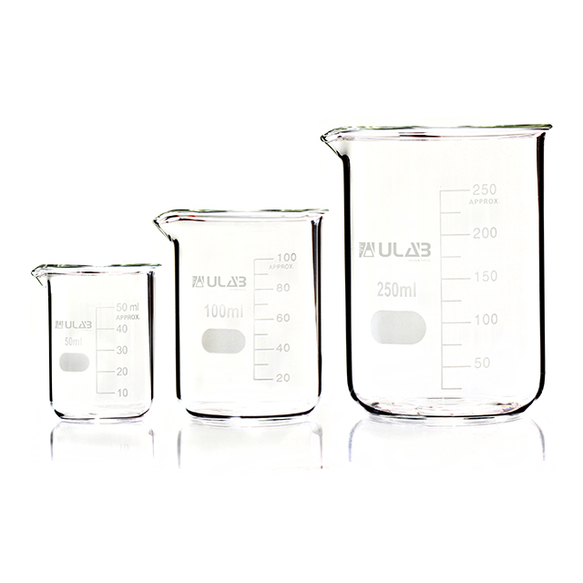 ULAB Scientific Glass Beaker Set, 3 Sizes 50ml 100ml 250ml, 3.3 Boro Griffin Low Form with Printed Graduation, UBG1001