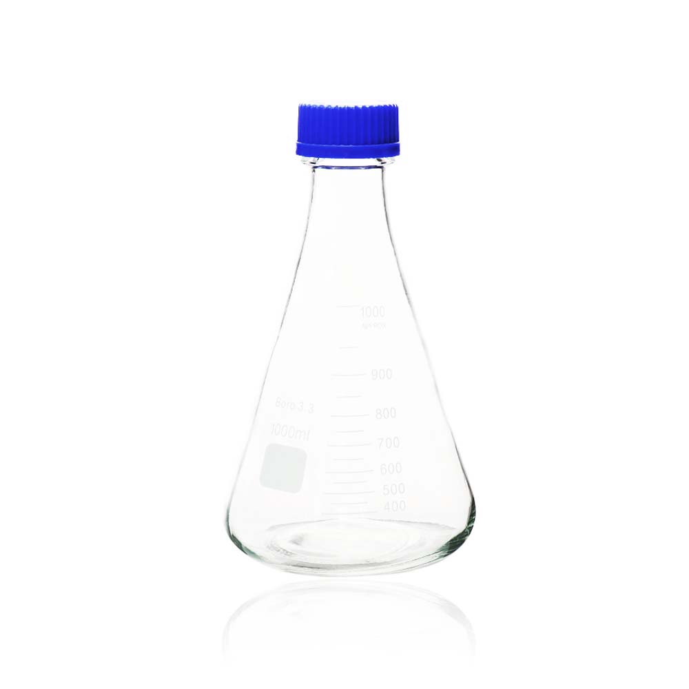 ULAB Scientific Erlenmeyer Flasks with Blue Screw Cap, 34oz 1000ml, 3.3 Borosilicate with Printed Graduation, Pack of 2, UEF1021