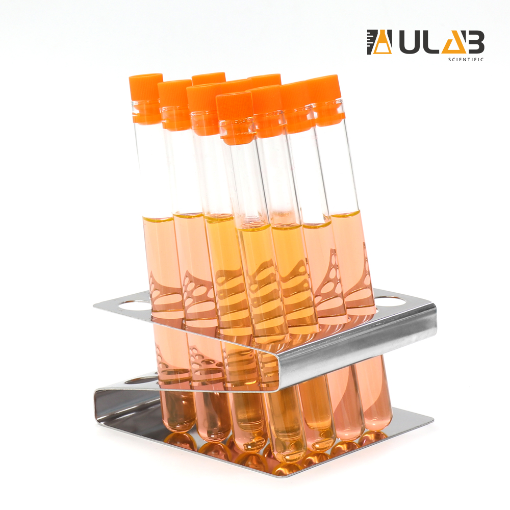ULAB Scientific Test Tube with Tube Rack, Z Shape Stainless Steel Tube Rack, 10pcs of 16ml Cylindrical Glass Test Tubes with Flange stoppers, UTR1002