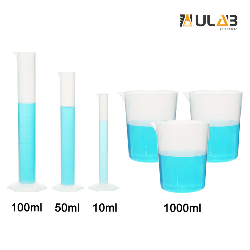ULAB Scientific Stackable Graduated Plastic Beaker and Measuring Cylinder Set, Including 3pcs of 1000ml beakers, 3pcs of Graduated Plastic cylinders 10ml 50ml 100ml, Molded Graduation, UBP1006