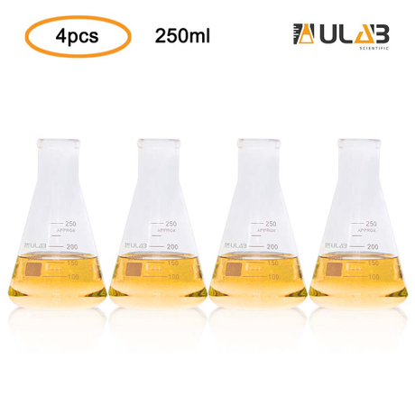 ULAB Scientific Narrow-Mouth Glass Erlenmeyer Flask Set, 8.5oz 250ml, 3.3 Borosilicate with Printed Graduation, Pack of 4, UEF1024