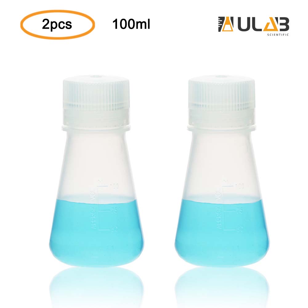 ULAB Scientific Conical Polypropylene Erlenmeyer Flask 3.4oz 100ml Narrow Neck with Screw Cap, Molded Graduations, Pack of 2, UEF1009