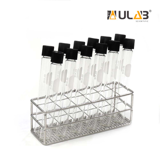 ULAB Test Tubes and Stainless Steel Tube Rack Set, 12pcs of Vol.30ml Tubes with Black Caps, Stainless Steel Tube Rack, 12 Holes, UTR1014