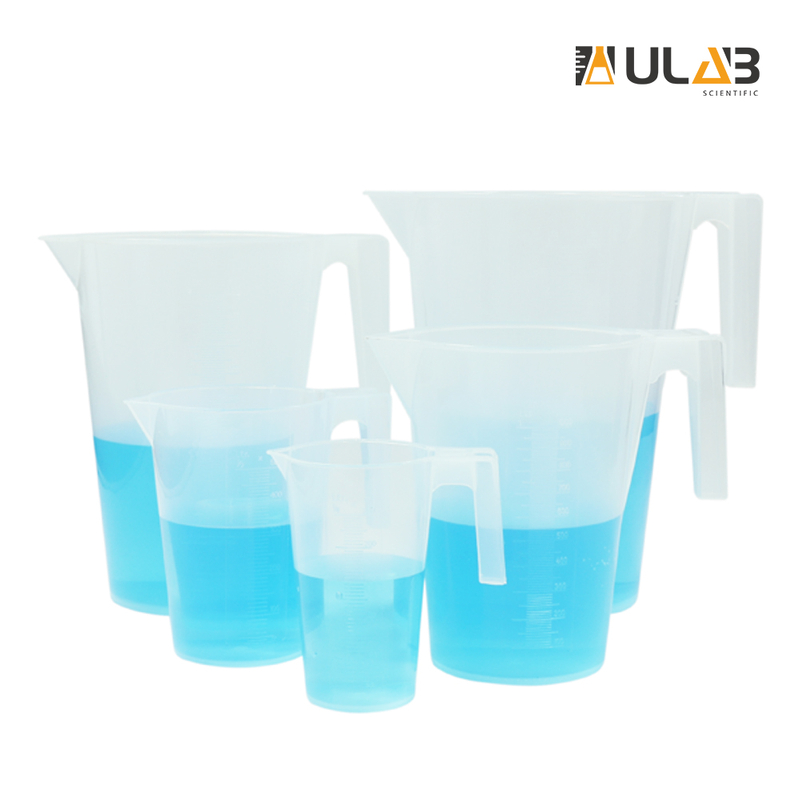 ULAB Scientific Half Handle Plastic Measuring Beaker Set, Stackable 5 Sizes 250ml 500ml 1000ml 2000ml 3000ml, with Spout and Molded Graduation, UBP1004