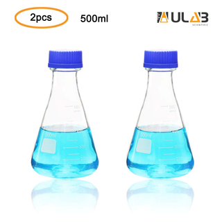 ULAB Scientific Erlenmeyer Flask with Blue Screw Cap, 17oz 500ml, 3.3 Borosilicate with Printed Graduation, Pack of 2, UEF1020