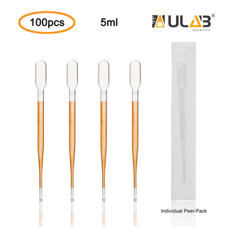 ULAB Sterile Transfer Pipette, Essential Oils Pipettes Vol. 5ml, 2ml Graduated, 0.5ml Graduation Interval, 155mm Long, Low-Density Polyethylene Material, Individual Peel-Pack, Pack of 100, UTP1013