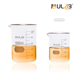 ULAB Glass Beaker Set with Magnetic Stir Bar Offered, 2 Sizes 500ml 1000ml, 3.3 Boro Griffin Low Form with Printed Graduation, UBG1021