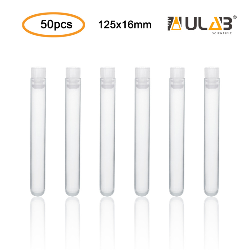 ULAB Plastic Test Tubes with Flange Stoppers, 50pcs of Dia.16x125mm Party Tubes, Nature Color, 50pcs PE Flange Stoppers, Dia.16mm, Nature Color, UTT1015